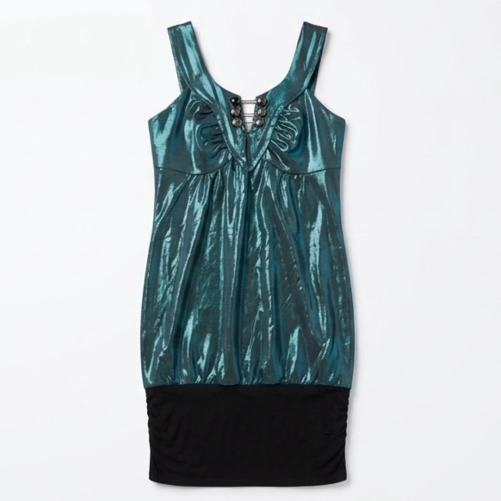 Voom by Joy Han Teal Metallic Skinny Bubble Hem Chain Dress Y2K New with Tags